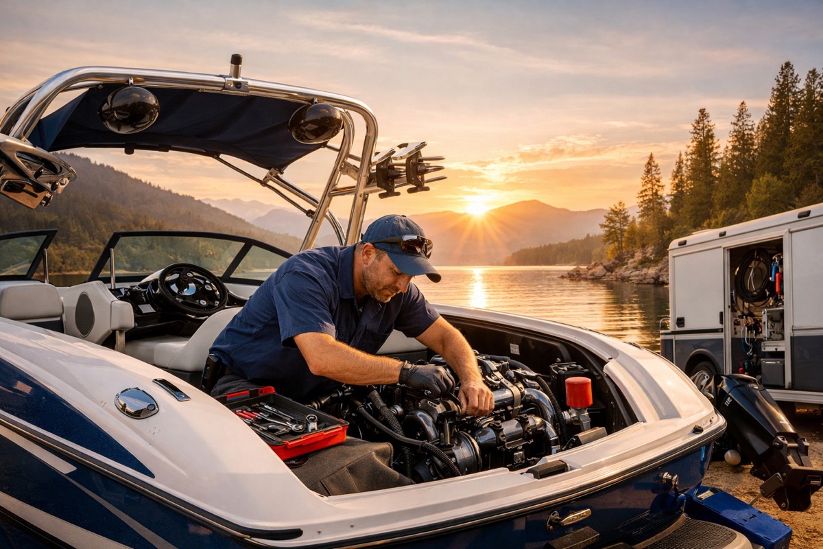 Marine technician servicing a boat engine beside a mobile service trailer